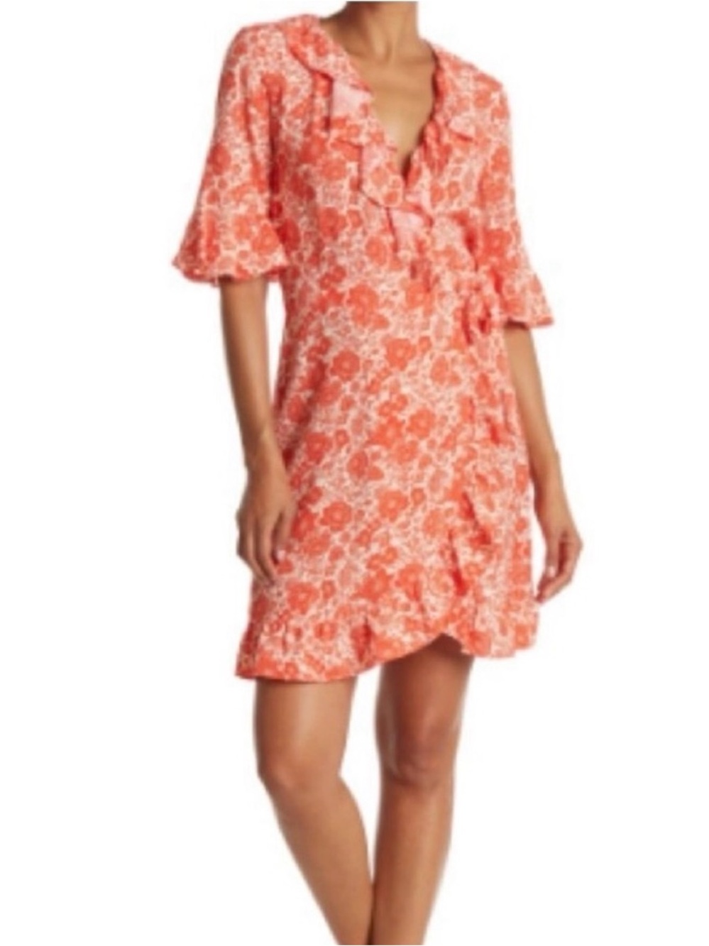 Topshop Reddish Orange Floral Mini Wrap Ruffle Dress with Short Sleeves Size S - Picture 2 of 6